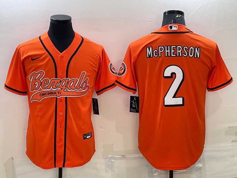 Mens Cincinnati Bengals #2 Evan McPherson Orange With Patch Cool Base Stitched Baseball Jersey